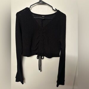 SHEIN Black Cropped Drawstring V-Neck Long Sleeve Top